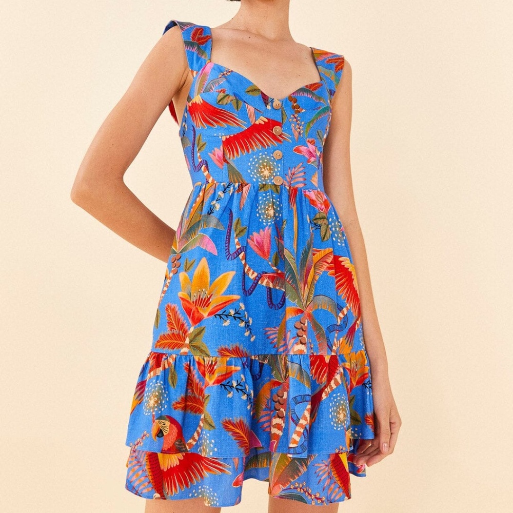 FARM Rio Blue Tropical Floral Mini Ruffle Dress